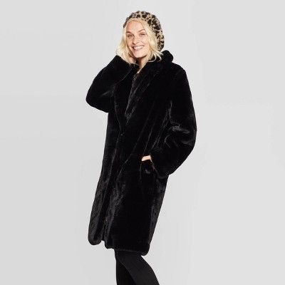 Women's Lapel Collar Faux Fur Coat - A New Day™ Black | Target