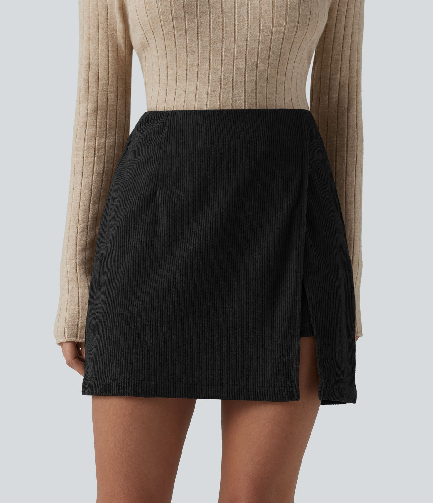 High Waisted Back Zipper Split Hem 2-in-1 Corduroy Casual Skirt-Longer Length | HALARA