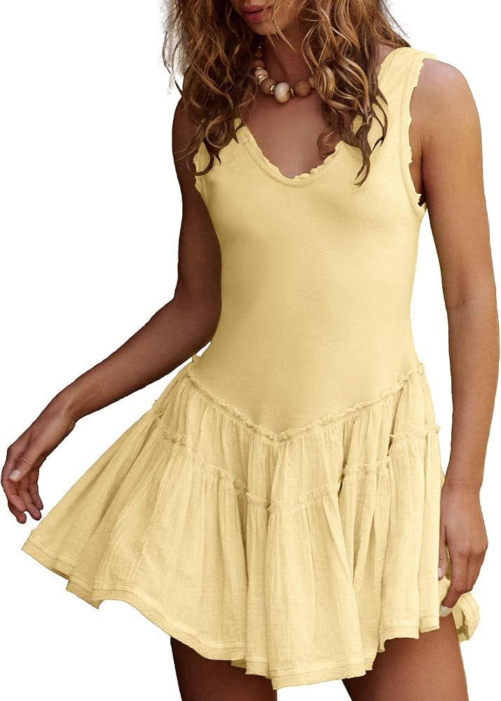 Gacaky Womens Sleeveless Mini Dress Casual Boho Ruffle Tiered Mini Dress High Waist Mini Skirts G... | Amazon (US)