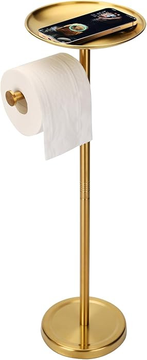 Tofix Freestanding Toilet Paper Holder with Shelf and Tray, Stainless Steel Base, Gold | Amazon (US)