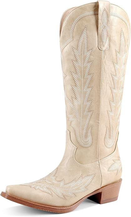 Cowboy Boots For Women Pull On Knee High Cowgirl Boots Retro Chunky Heel Pointed Toe Western Tall... | Amazon (US)