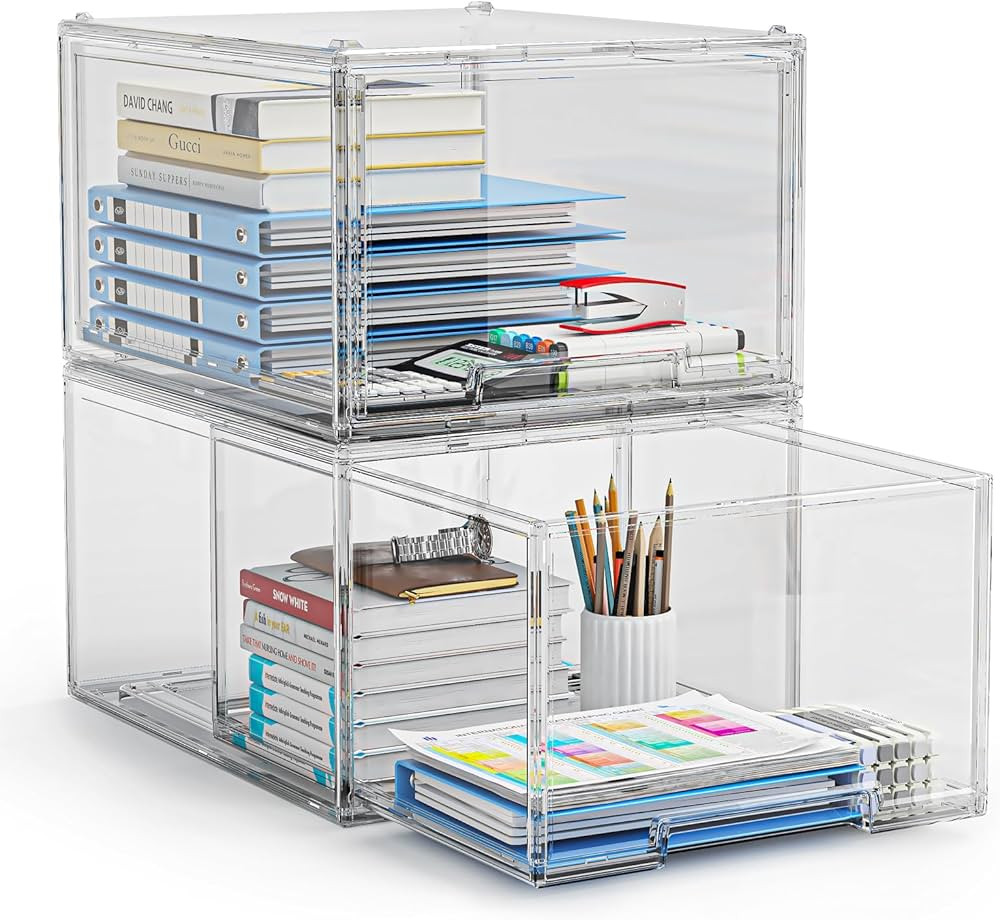 2 Packs Plastic Stackable Storage Drawers, Clear Desktop Drawer Organizers, 2 Drawer Storage Orga... | Amazon (US)