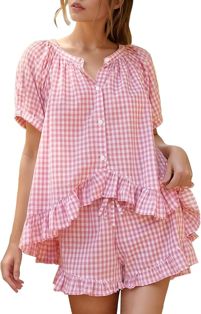 Flygo Womens Gingham Pajamas Set 2 Piece Cotton Pj Lounge Sets Puff Sleeve Ruffle Babydoll Shirt ... | Amazon (US)