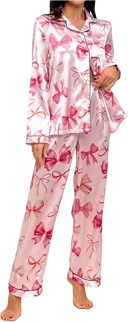 Verdusa Women's Coquette Bow Pajamas 2 Piece Satin Pajama Sets Long Sleeve Button Down Shirt and ... | Amazon (US)