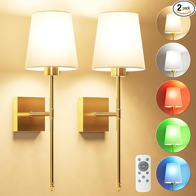 Battery Operated Wall Sconce Set of 2 - Gold Wireless Battery Wall Sconce with 5200mAh Rechargeab... | Amazon (US)