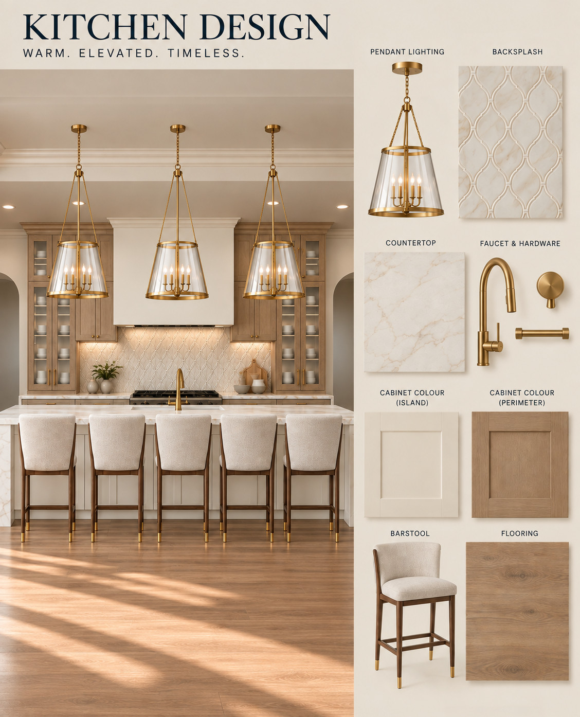 Bright, classic, and refined ✨ This kitchen pairs timeless white cabinetry with warm wood tones, brass details, and statement lighting for a space that feels elegant yet inviting. The kind of kitchen that will never go out of style. 🤍 

 
