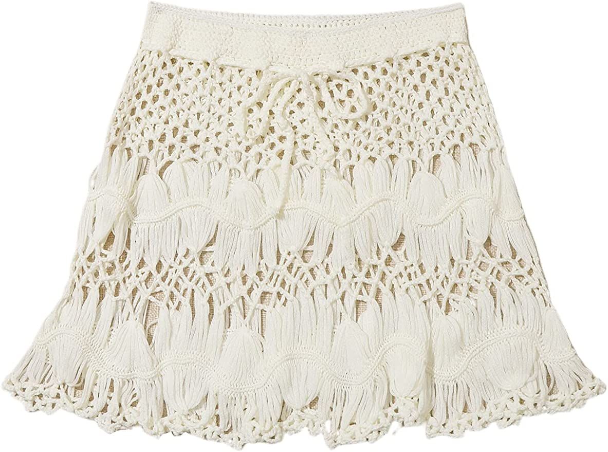 MakeMeChic Women's Crochet Drawstring Knitted High Waisted Swimsuit Mini Cover Up Beach Skirt | Amazon (US)