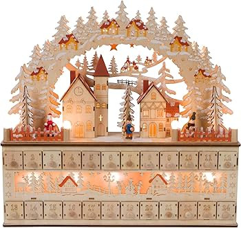 LED Lighted Wooden Bavarian Village Scene Advent Calendar - Christmas Decoration with 24 Storage ... | Amazon (US)