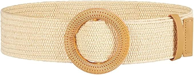 YUCFOREN Women Skinny Dress Belt, Fashion Straw Woven Elastic Stretch Waist Band Wood Buckle Belt | Amazon (US)