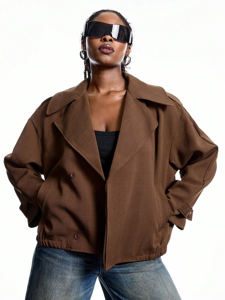 LYSMO Plus Size Brown Herringbone Plus Size Short Windbreaker, Autumn/Winter | SHEIN