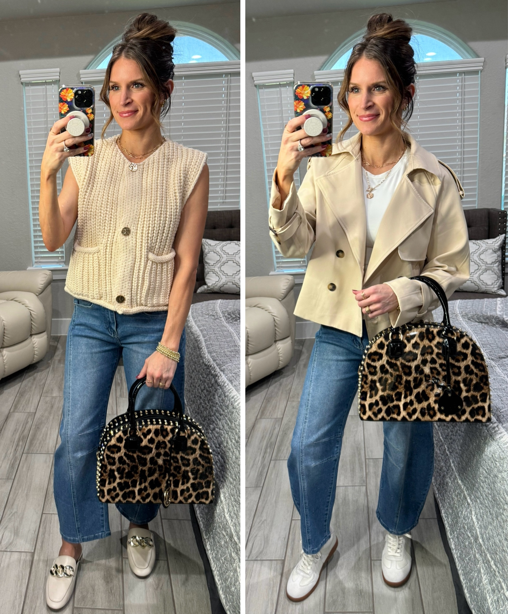 This leopard handbag has the cutest stud & rhinestone details & also comes w/a longer shoulder strap. It has other color options, a clickable COUPON right now & would make a great gift for her! Size small in everything (size 2 barrel jeans). Shoes both run TTS.

#LTKGiftGuide #LTKHoliday #LTKItBag