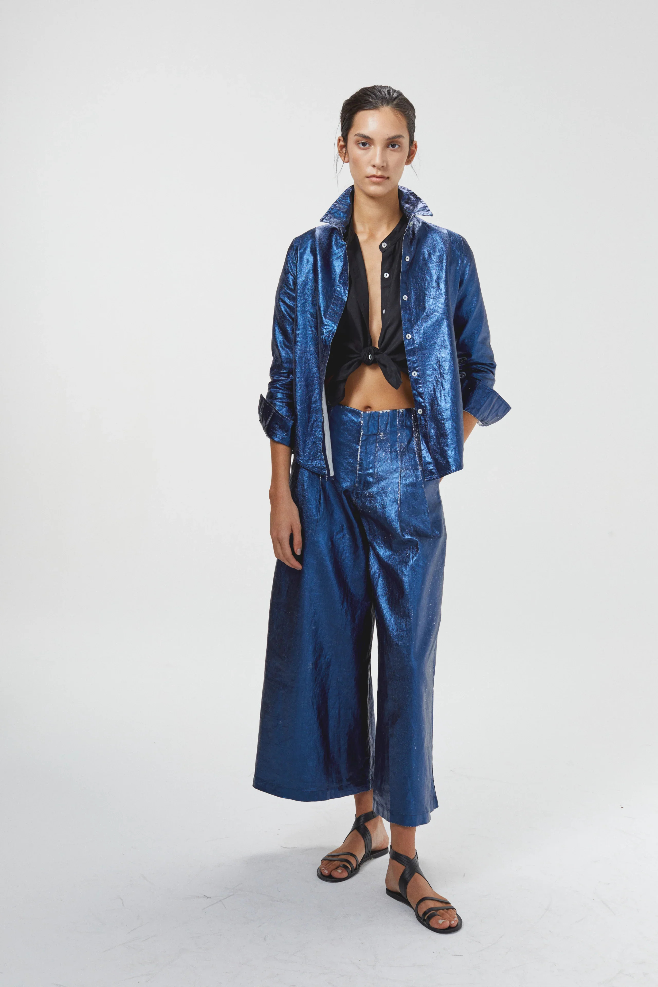 Culotte Metallic Linen Pants - Dark Blue | Lanhtropy
