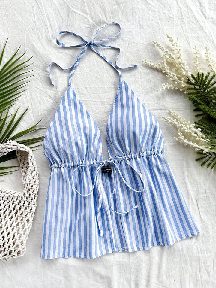 Soleia Vacation Seaside Striped Color Block Halter Neck Top Top | SHEIN