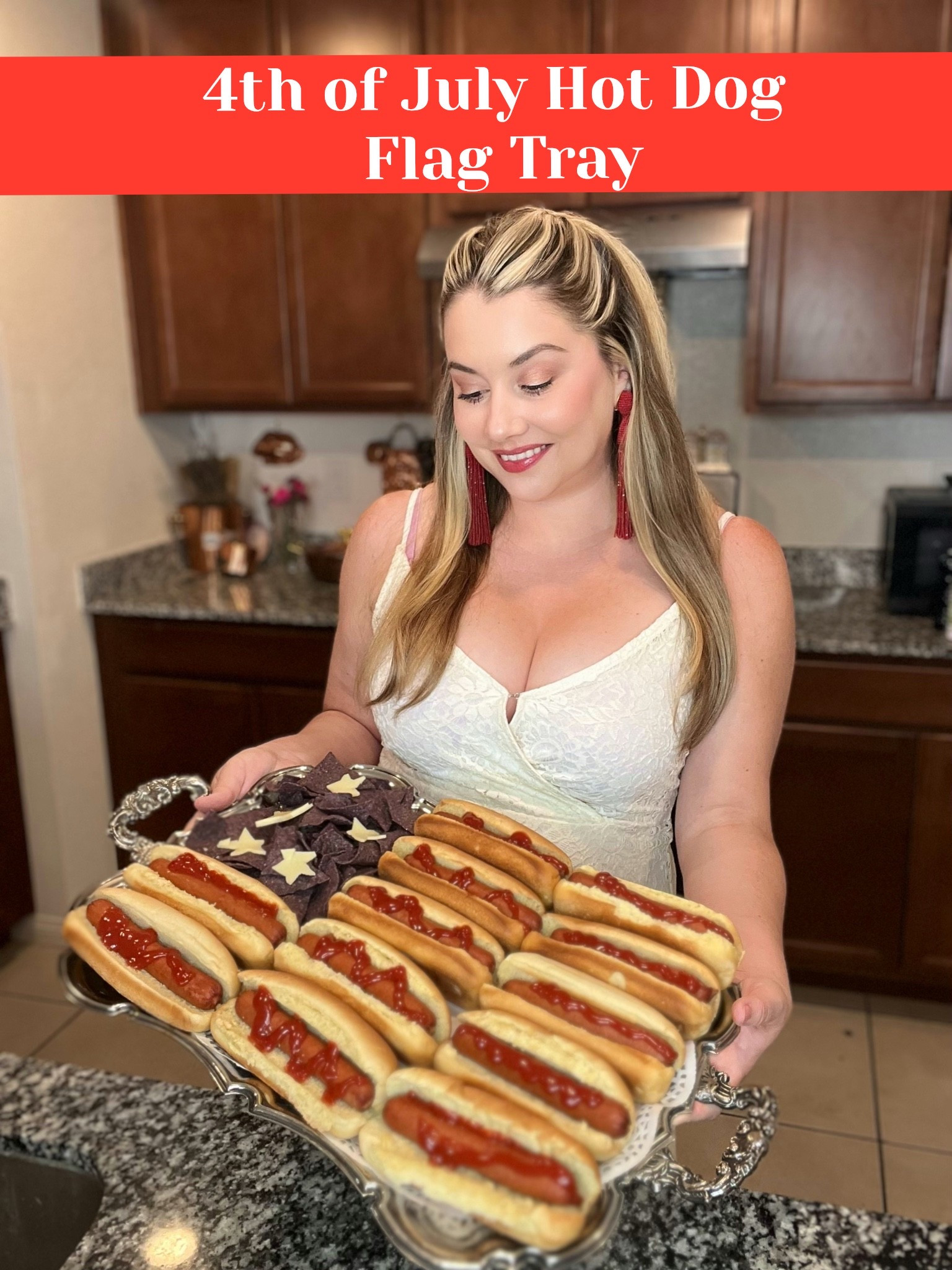 Hosting a Memorial Weekend or 4th of July party? 🎉 This viral 4th of July hot dog tray is so fun for feeding a crowd. ✨Grab your favorite rectangle shaped tray. Use blue chips in the corner and place cut out stars of white cheese on top. Add your cooked hotdogs with ketchup. Enjoy! 
Here I’m using an antique silver tray. I linked some similar trays below. 👇

#LTKfoodie #LTKSeasonal #LTKmomlife