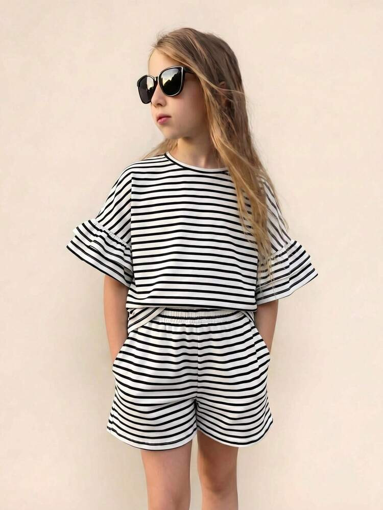 SHEIN 2pcs/Set Tween Girl Round Neck Short Sleeve Striped Ruffle Sleeve T-Shirt And Striped Shorts Set,Kids | SHEIN