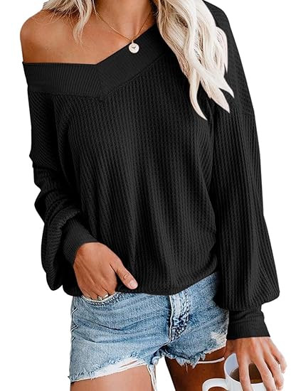 Adreamly Women's V Neck Long Sleeve Waffle Knit Top Off Shoulder Pullover Sweater | Amazon (US)