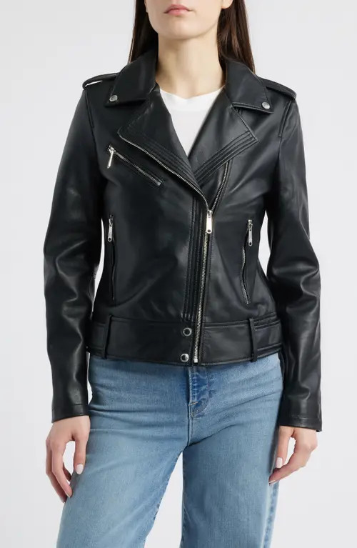 Sam Edelman Lambskin Moto Jacket in Black at Nordstrom, Size Large | Nordstrom