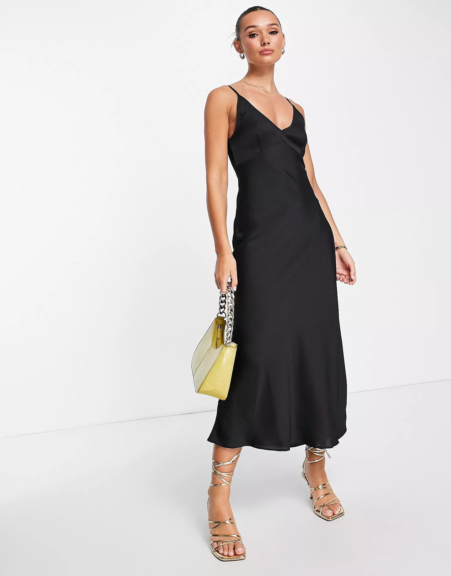 ASOS DESIGN high apex maxi slip dress in hammered satin in black | ASOS (Global)