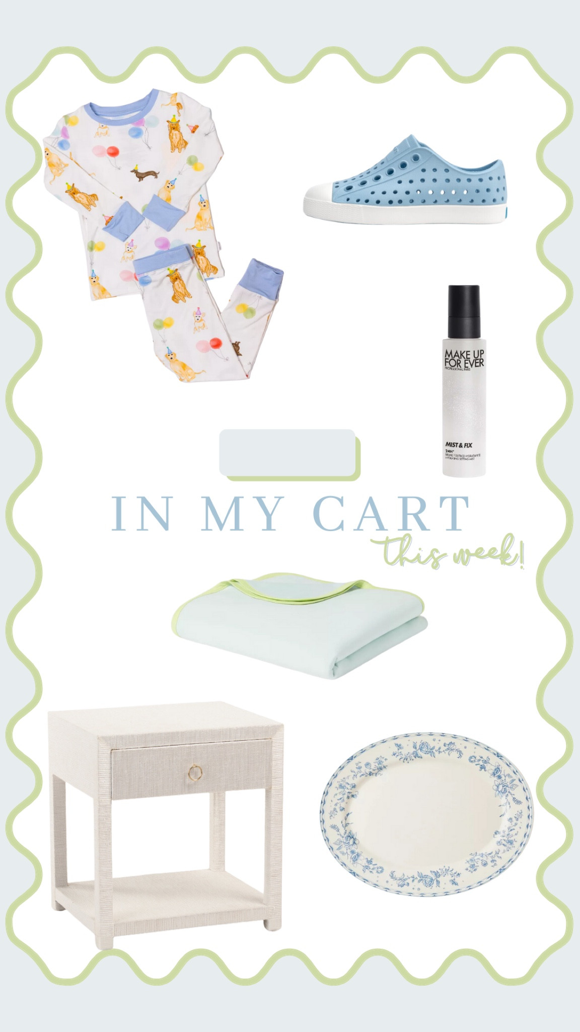In my cart this week - birthday pajamas for Maddox, new native shoes, makeup forever setting spray, a blanket for toddler bed, possible nightstand option for Maddox and the pretty melamine plate under $15! 

#LTKFamily #LTKHome #LTKKids