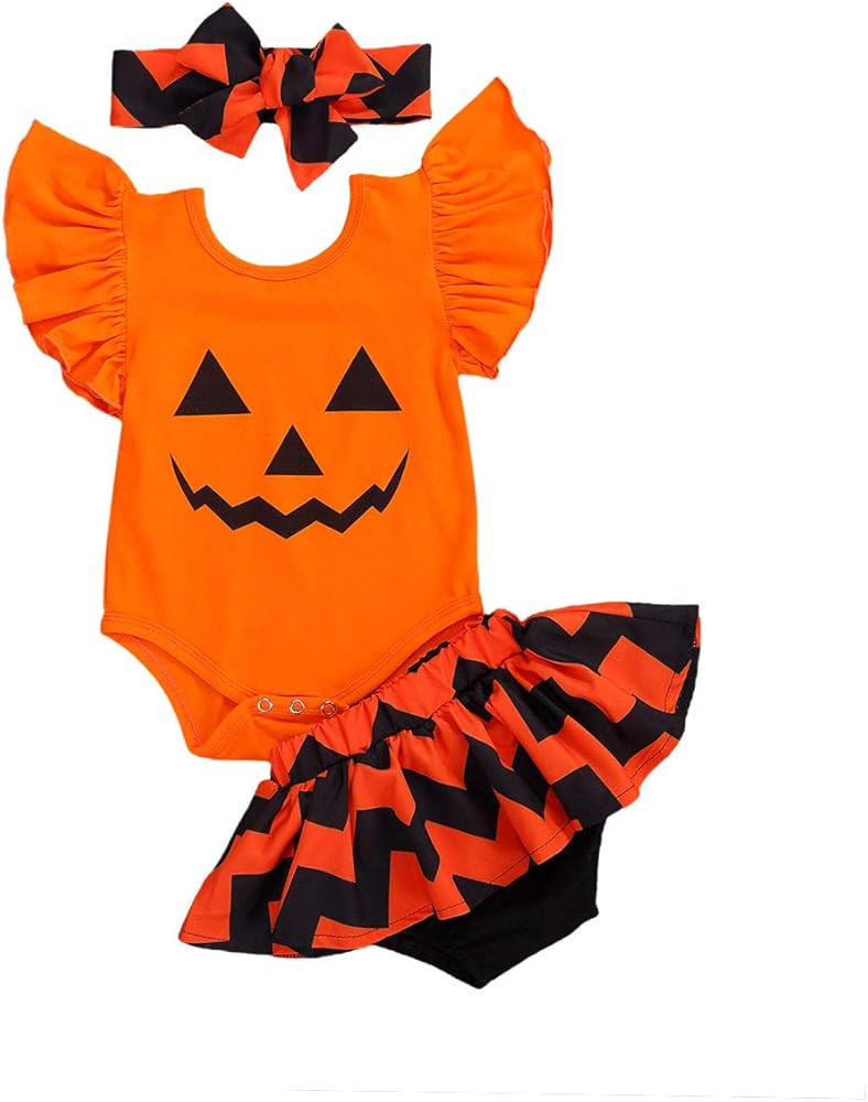 Infant Baby Girl Halloween Outfits Short Ruffle Sleeve Romper Tops+Short Pant Skirt 2Pcs Hallowee... | Amazon (US)