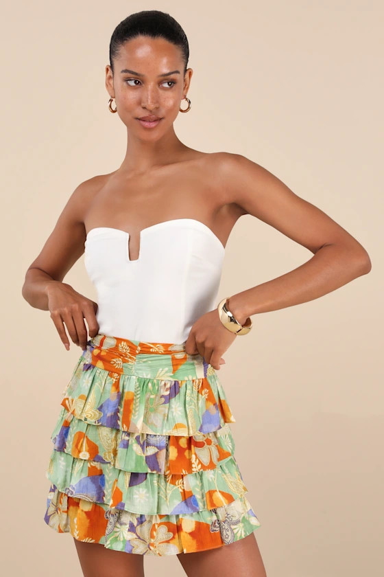 Halyna Mint Green Multi Boho Print Tiered Mini Skirt | Lulus
