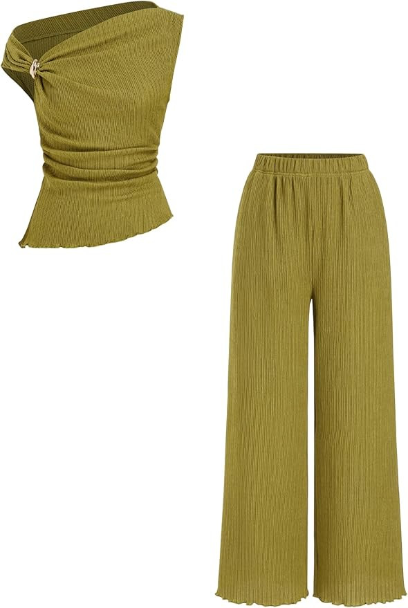 CIDER Womens Two Piece Outfits One Shoulder Sleeveless Tops with Metal Decor Wide Leg Pants Summe... | Amazon (US)