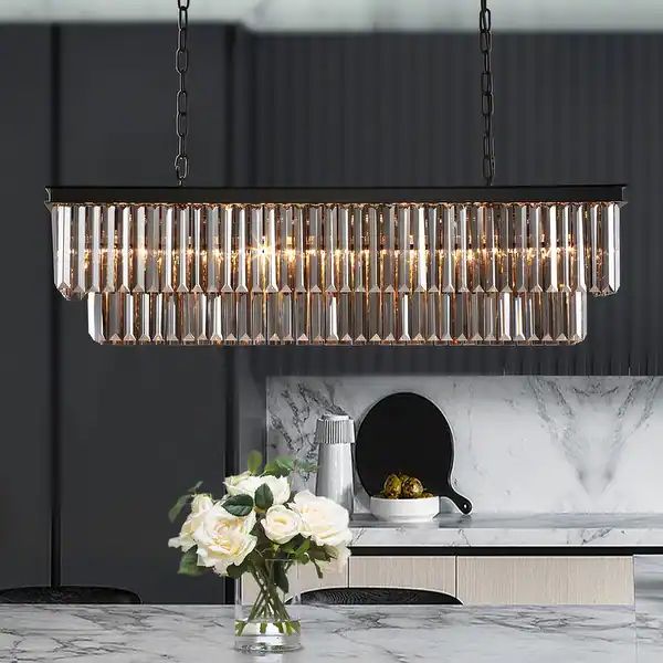 Smoked Gray and Black Modern Contemporary Crystal Chandelier 2-Tier Rectangle Kitchen Island Pend... | Bed Bath & Beyond