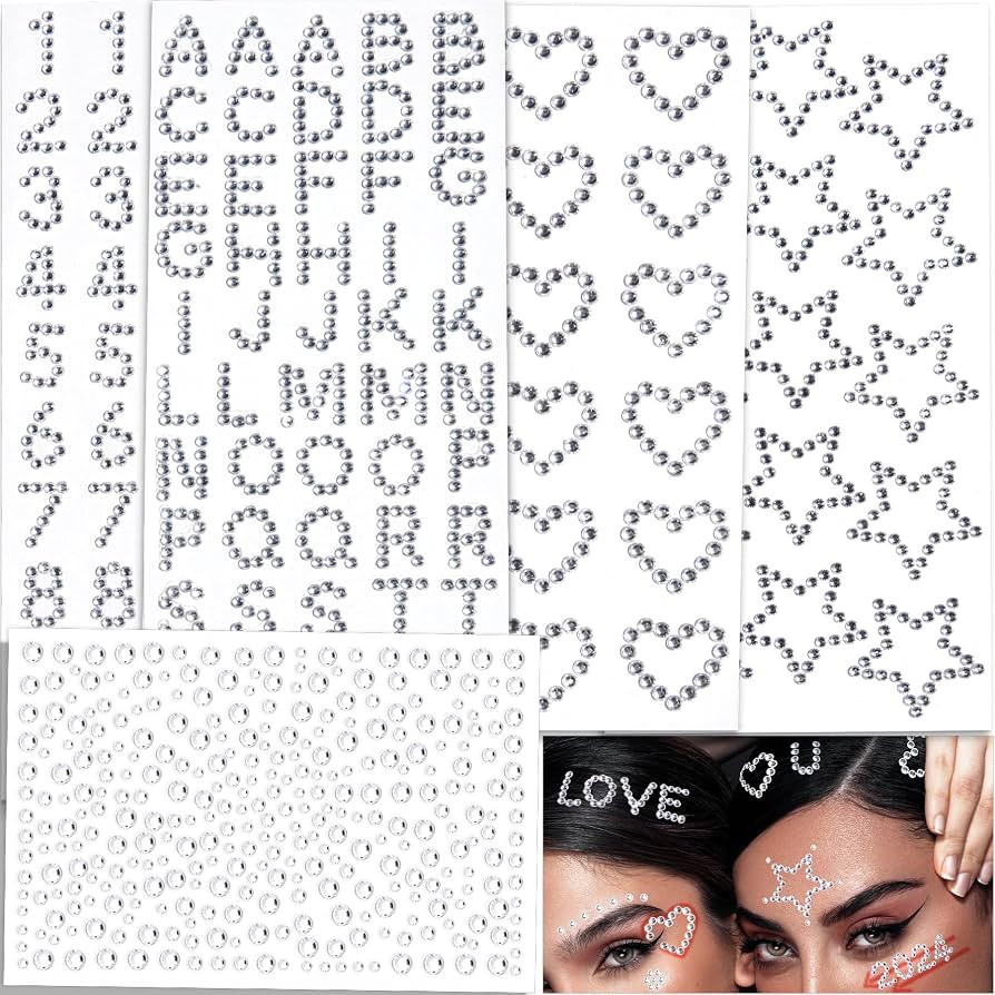 Hair Body Face Gems Jewels Heart Numbers Star Letters Rhinestone Stickers | Amazon (US)