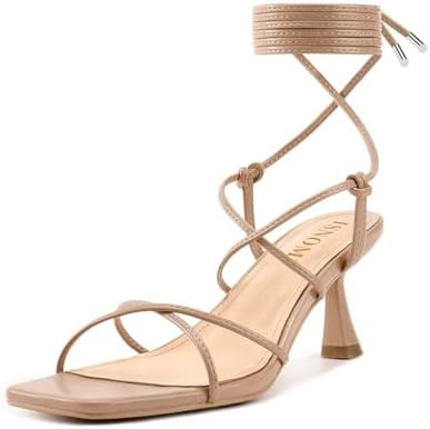 ISNOM Strappy Sandals for Women Kitten Heels Lace Up Heels Stiletto Heels Wrap Around Heels with ... | Amazon (US)