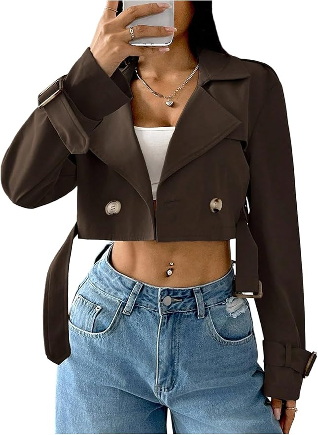 GORGLITTER Women's Cropped Short Trench Coat Jacket Fall Trendy Long Sleeve Double Breasted Casua... | Amazon (US)