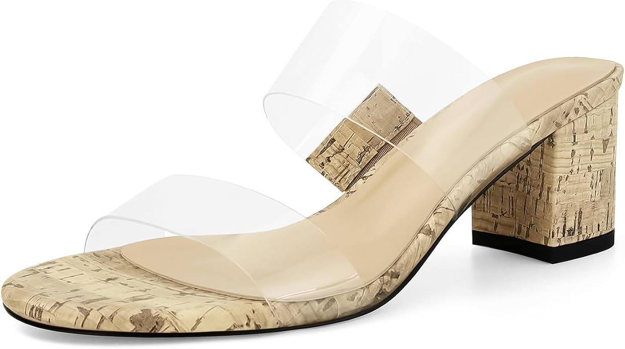 Clear Heeled Sandals for Women Transparent Two Strap Low Block Heels Open Toe Slip On Sandals | Amazon (US)