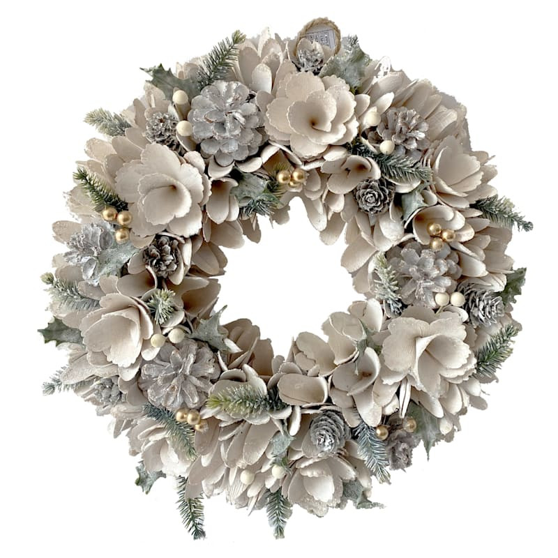 White & Green Wood Curl Wreath, 14" | At Home