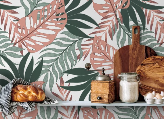 Monstera Leaf Wallpaper, Removable Wallpaper, Temporary Wallpaper, Monstera Leaves Wallpaper, Jun... | Etsy (US)