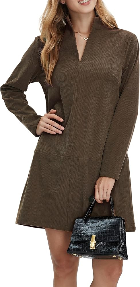 EZAPINE Women Corduroy Dress V Neck Long Sleeve Casual Vintage Retro A Line Mini Dresses | Amazon (US)