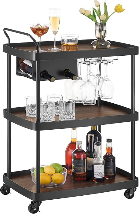 SONGMICS HOME Bar Cart, Home Bar Serving Cart with 3-Tier Shelf, Flexible Wine Bottle Rack and Gl... | Amazon (US)