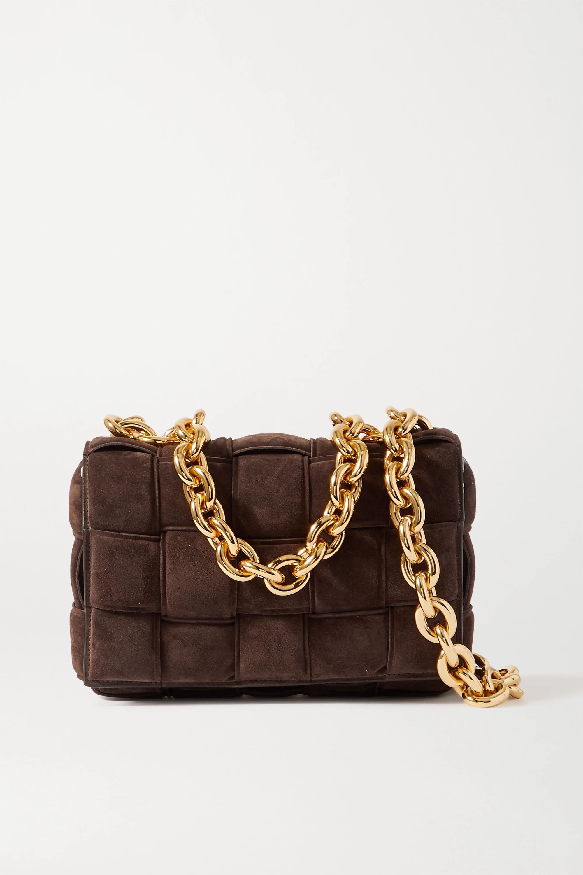 Dark brown Cassette chain-embellished padded intrecciato suede shoulder bag | Bottega Veneta | NE... | NET-A-PORTER (US)