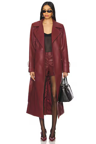 SNDYS x REVOLVE Tyra Faux Leather Trenchcoat in Burgundy from Revolve.com | Revolve Clothing (Global)