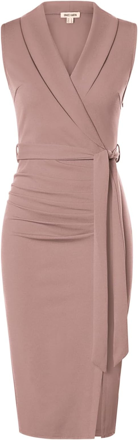 GRACE KARIN Women's Wear to Work Sleeveless Ruched Bodycon Office Pencil Midi Dresses with Belt | Amazon (US)