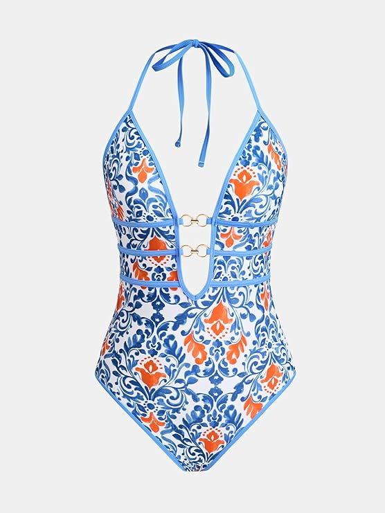 CUPSHE Women's One Piece Swimsuit Halter Plunging Neck Cutout Back Bathing Suit Spaghetti Adjusta... | Amazon (US)