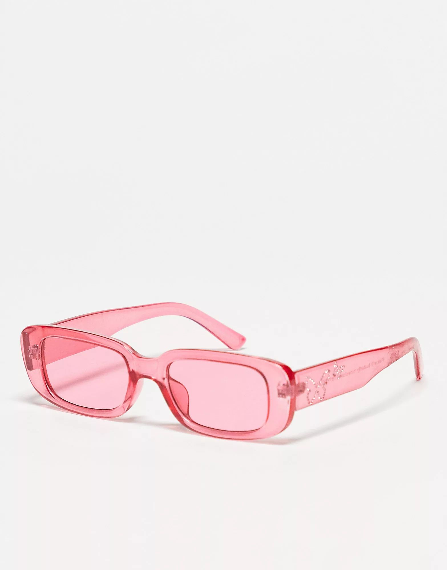 Skinnydip rectangle festival sunglasses with butterfly hotfix in pink | ASOS (Global)