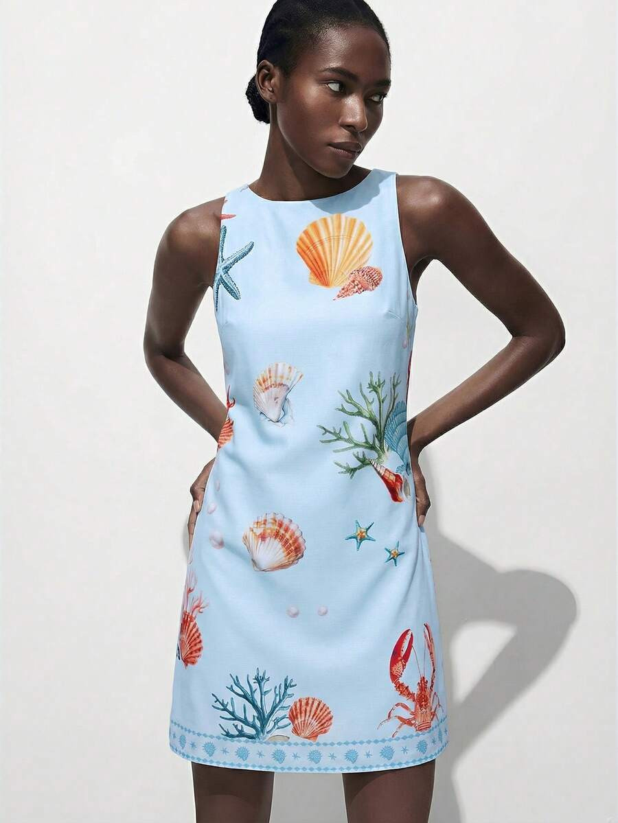 Maija Ocean Print Pattern Comfortable Casual Summer Women's Short Dress, Sleeveless Waist Cinched... | SHEIN