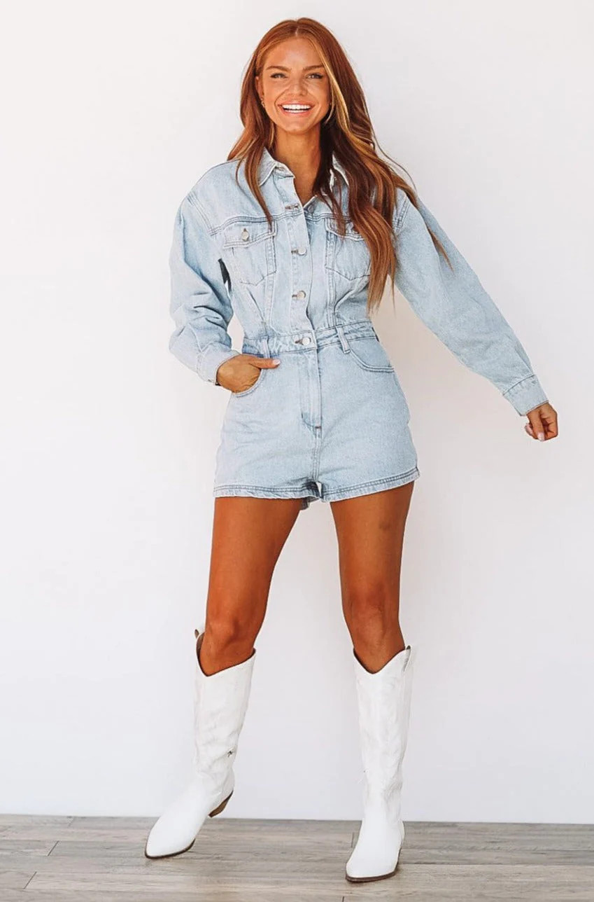 Roll With Us Denim Romper - Light Wash | Hazel and Olive