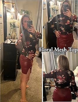 Women Mesh Top Floral Mesh Long Sleeve Tops Mock Neck See Through Tops Fitted Sexy Going Out Tops | Amazon (US)