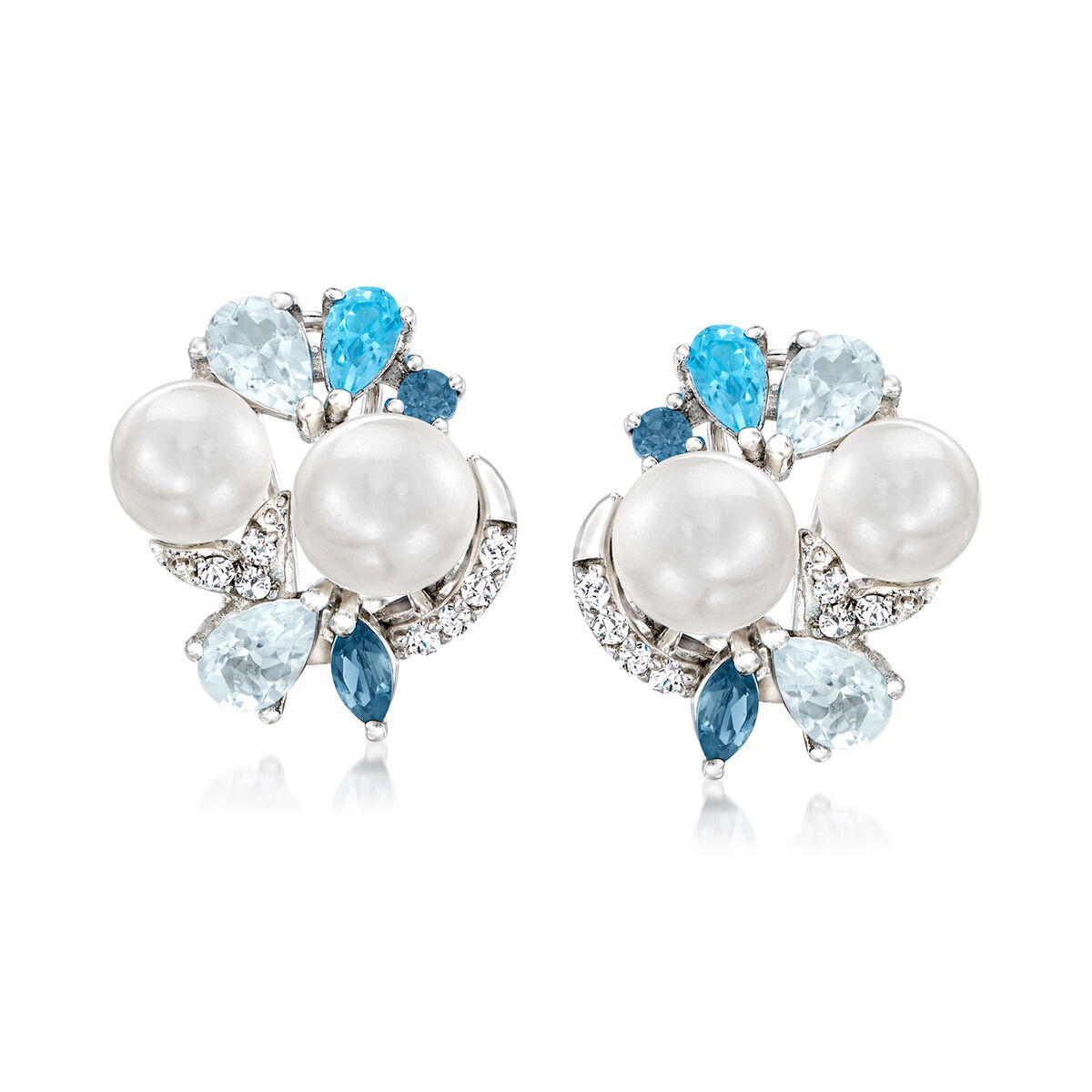 6.5-8mm Cultured Pearl and 3.00 ct. t.w. Tonal Blue Topaz Drop Earrings with .20 ct. t.w. Simulat... | Ross-Simons