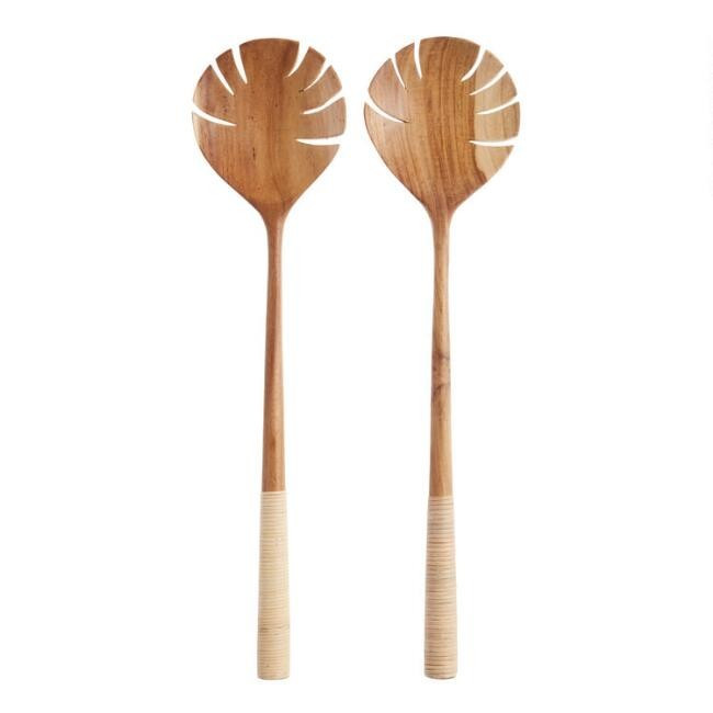 Large Teak and Rattan Monstera Leaf Servers 2 Piece Set | World Market