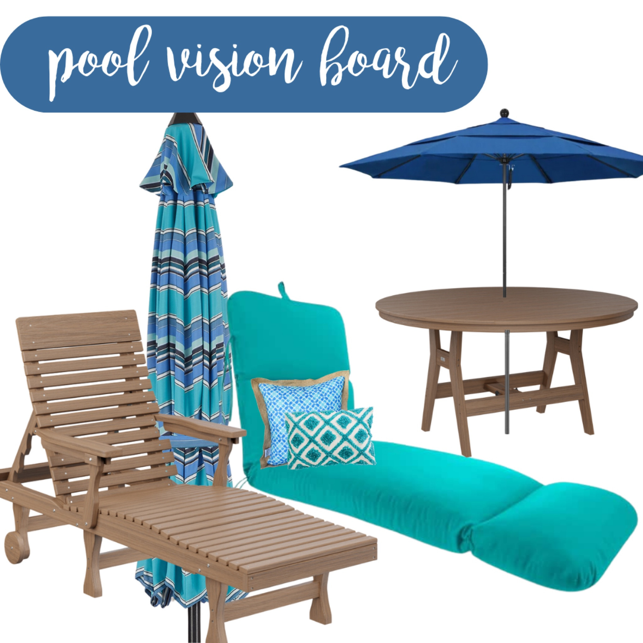 Pool vision board- things I’ve ordered for our new pool project that’s underway! 
Chaise lounge cushions- color Aruba 
Striped umbrella- color dolce oasis 
Solid umbrella- color regatta 
Furniture is from a local store and is polywood, brand is Berlin gardens. Pillows- Wilshire and Kirklands! 

#LTKHome #LTKSeasonal #LTKFamily