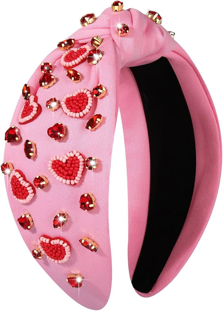 Valentine’s Day Heart Headbands for Women Valentine’s Day Accessories Jeweled Beaded Heart Knotted Headband Pink Red Rhinestone Wide Top Knot Headband Valentine Party Favors Gifts (Heart Headband 4) | Amazon (US)