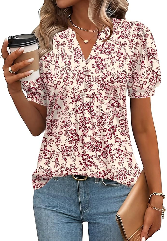 IECCP Womens Tops Puff Short Sleeve Shirts Dressy Casual Henley V-Neck Summer Tops Pleated T-Shir... | Amazon (US)