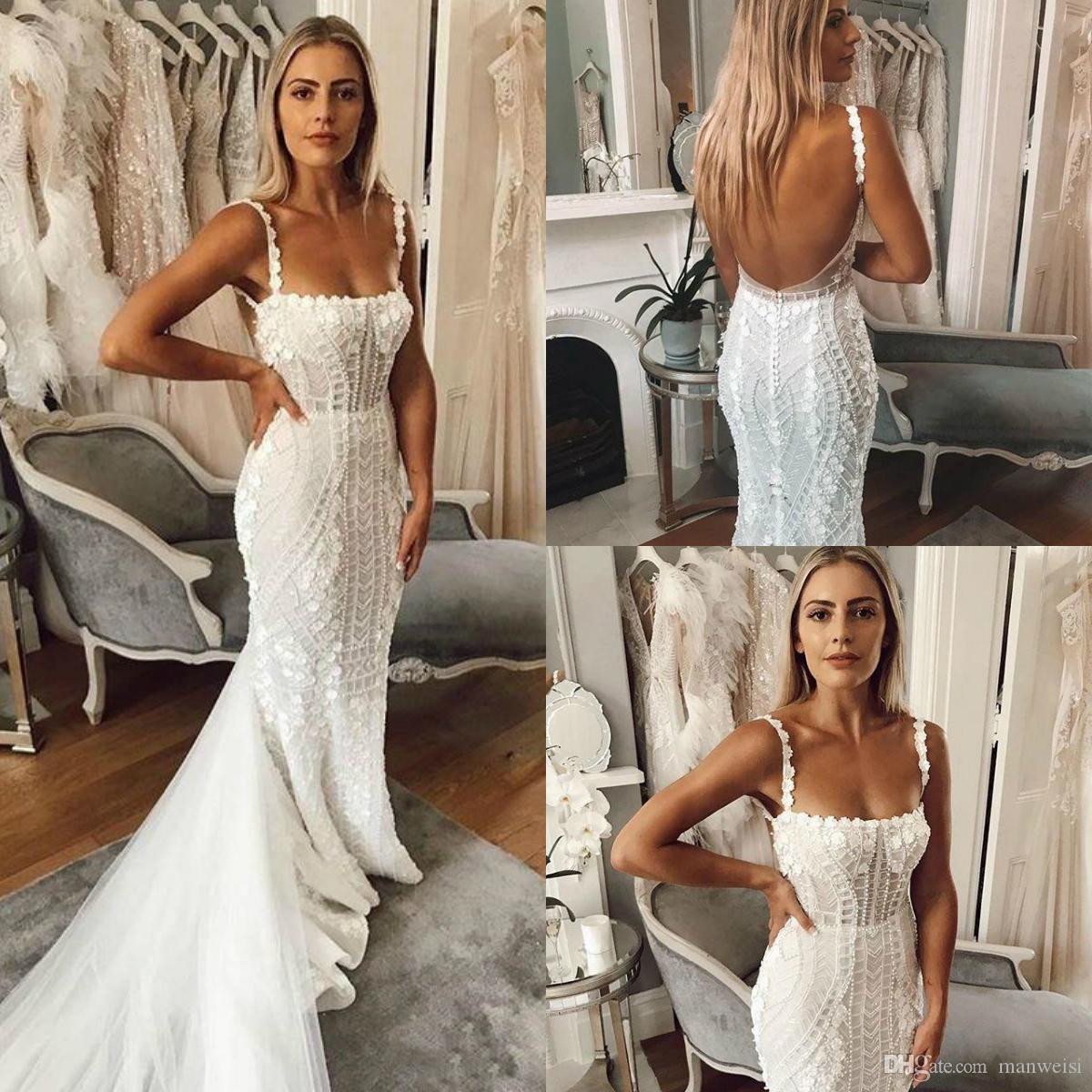 2019 Berta Pearls Mermaid Wedding Dresses Lace Appliqued Spaghetti Neck Bridal Gowns Sweep Train ... | DHGate