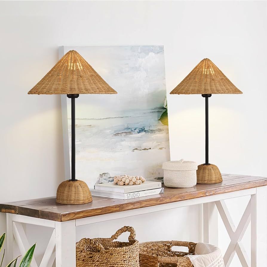 AKASUKI 23 Inch Tall Rattan Table Lamp for Bedroom Bedside Lamps for Bedrooms Set of 2 Table Lamp... | Amazon (US)